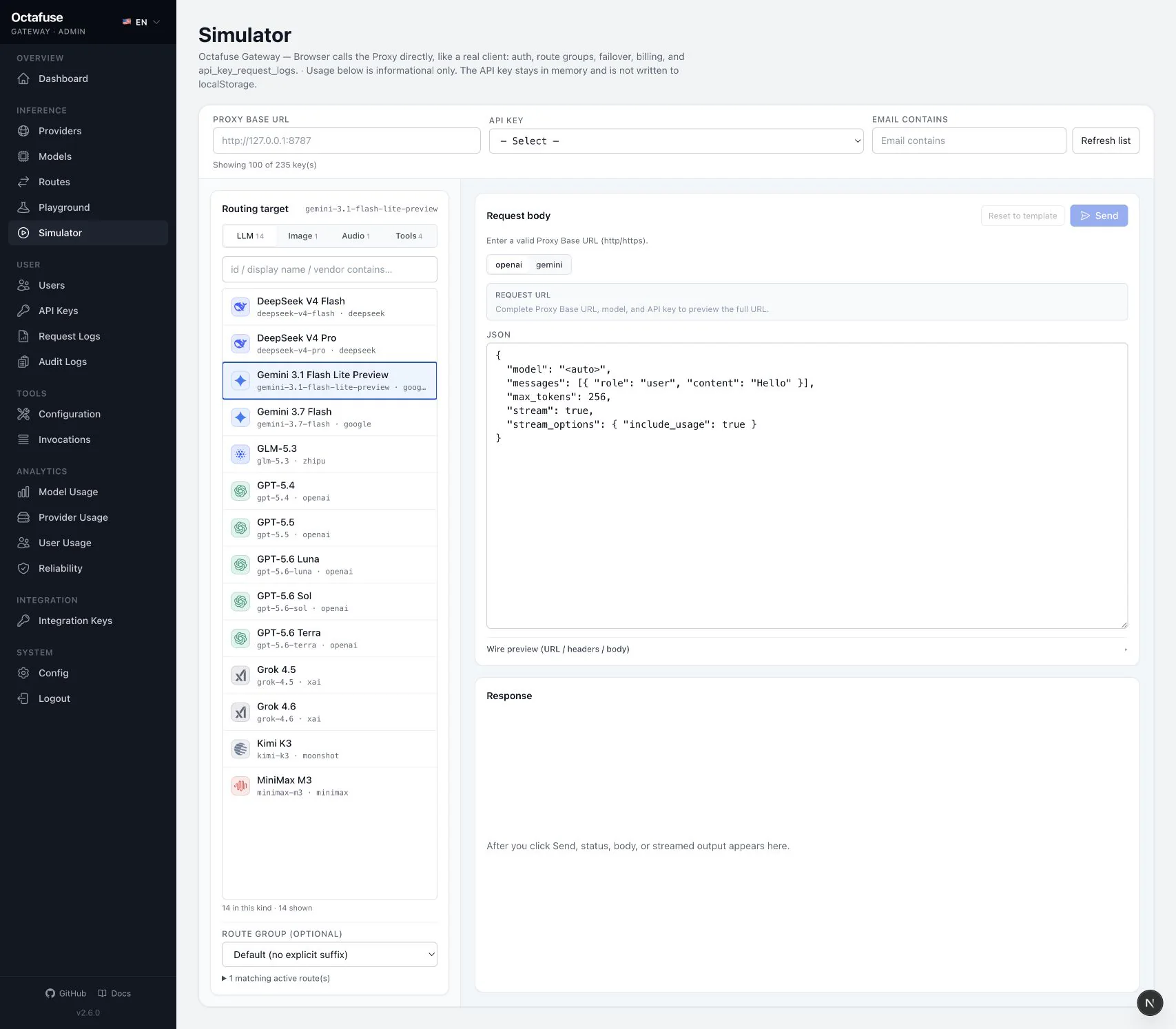 OctaFuse Simulator 根据 Gemini 模型请求入口提供 OpenAI 与 Gemini 协议选择