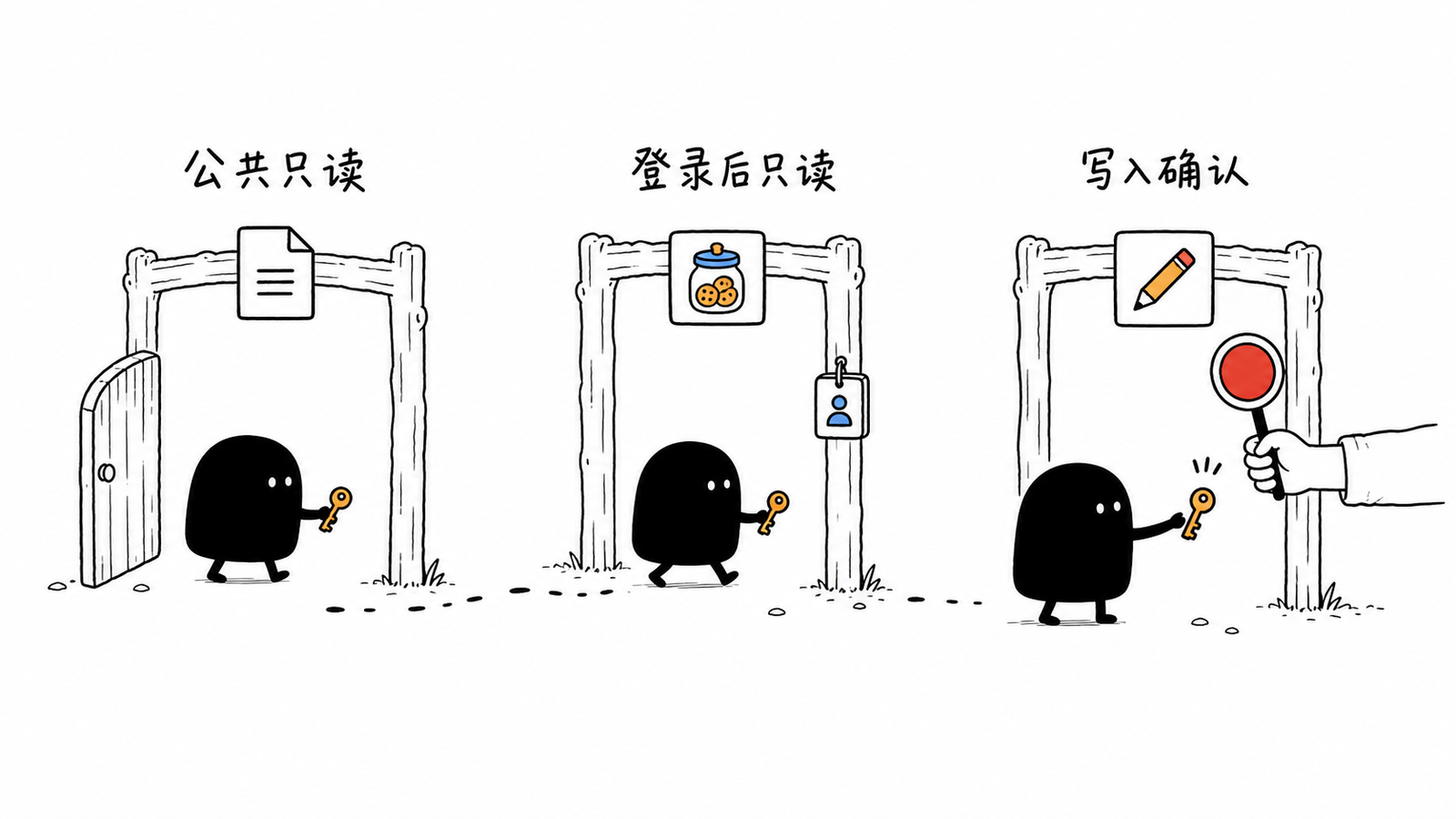 小黑把公共读取、登录后读取和写入操作分成三道权限闸门