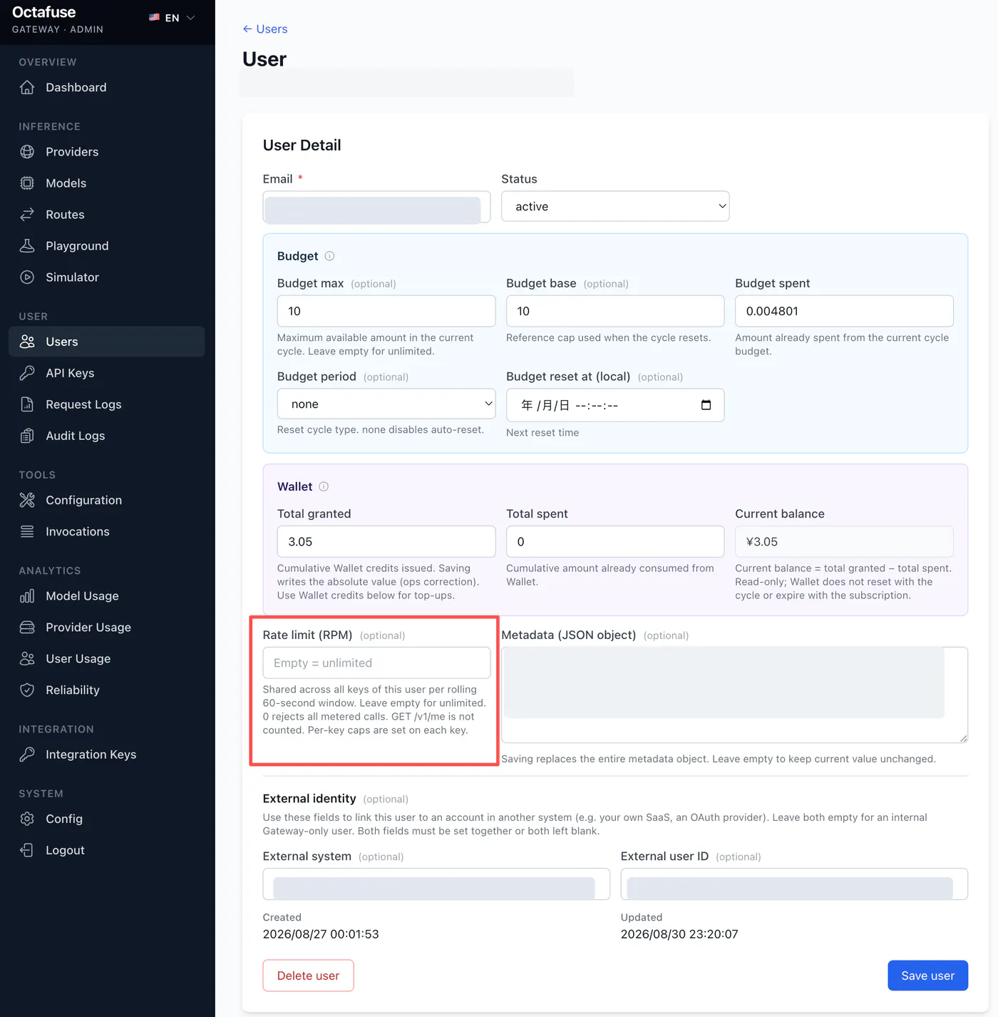 OctaFuse 用户详情页配置用户级 RPM 限流