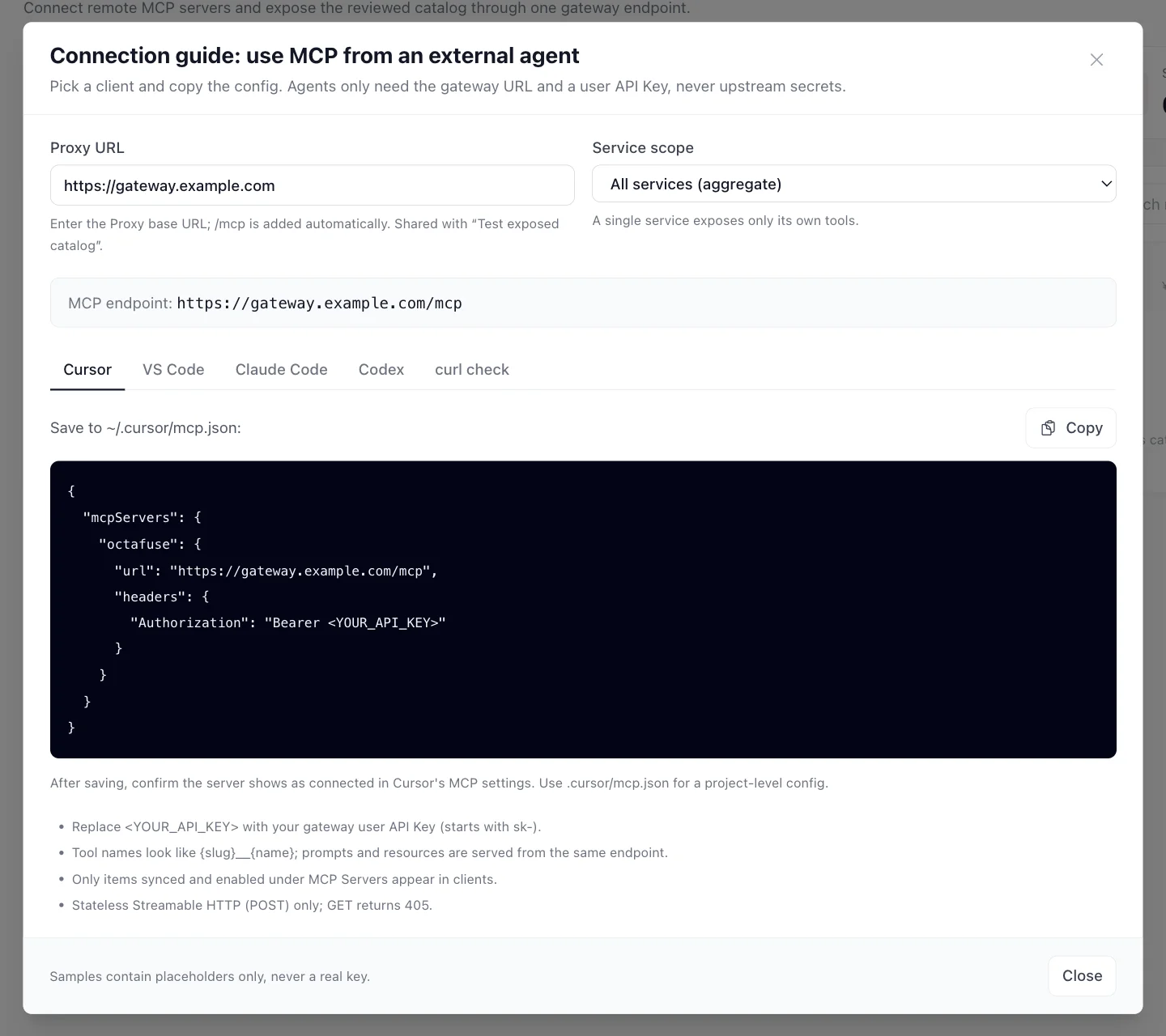 MCP 接入指南，展示 Cursor 的 mcp.json 配置示例与使用说明